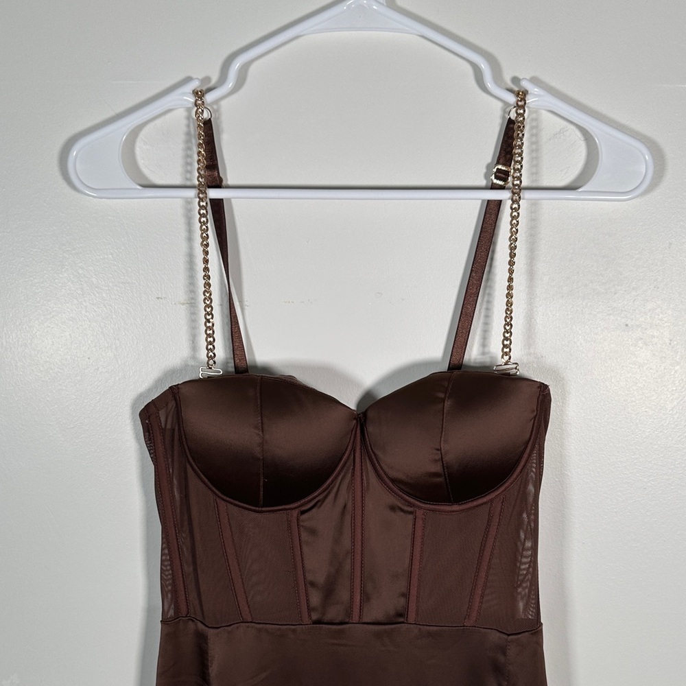 Meshki Brown Satin Corset Dress Bodycon Midi Thigh Slit Sexy Night Out Size M - Picture 11 of 16